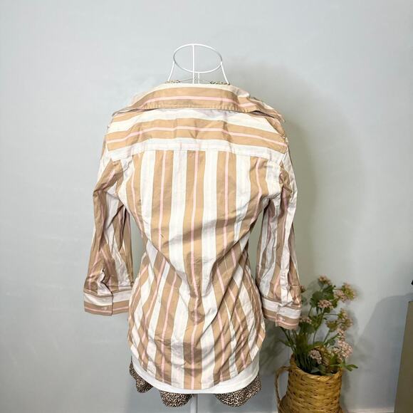 Gorgeous vintage y2k 90s brown & pink striped fitted button up top - Picture 5 of 6